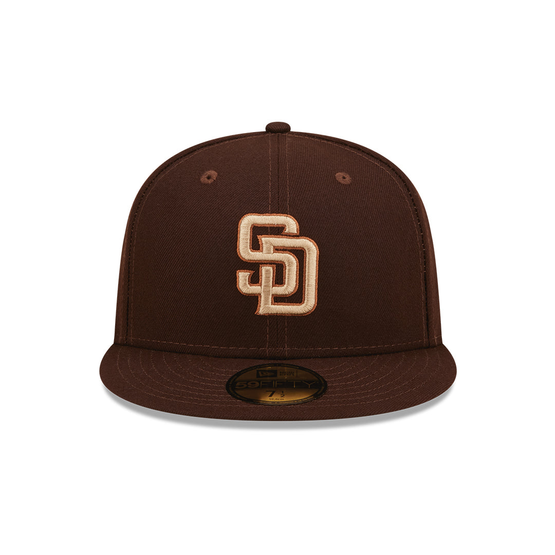 San Diego Padres New Era MLB 59FIFTY 5950 Fitted Cap Hat Brown Crown/Visor Khaki/Metallic Brown Logo (Mono Camo)