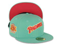 (City Connect Colors) San Diego Padres New Era MLB 59FIFTY 5950 Fitted Cap Hat Light Teal Crown/Visor Magenta/Yellow Script Logo Stadium Side Patch