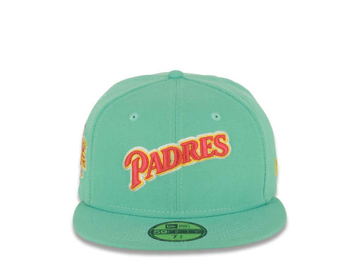 (City Connect Colors) San Diego Padres New Era MLB 59FIFTY 5950 Fitted Cap Hat Light Teal Crown/Visor Magenta/Yellow Script Logo Stadium Side Patch