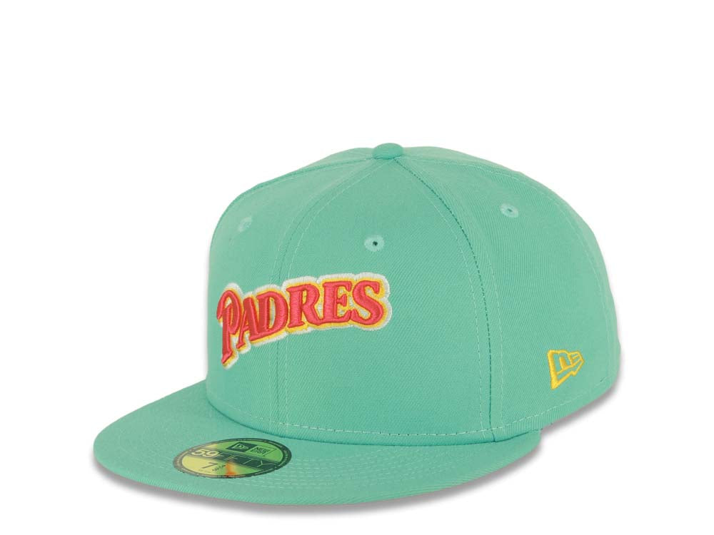 (City Connect Colors) San Diego Padres New Era MLB 59FIFTY 5950 Fitted Cap Hat Light Teal Crown/Visor Magenta/Yellow Script Logo Stadium Side Patch
