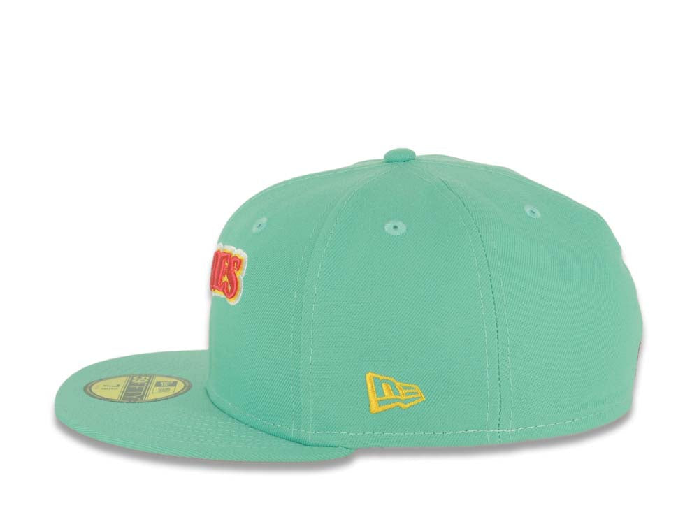 (City Connect Colors) San Diego Padres New Era MLB 59FIFTY 5950 Fitted Cap Hat Light Teal Crown/Visor Magenta/Yellow Script Logo Stadium Side Patch
