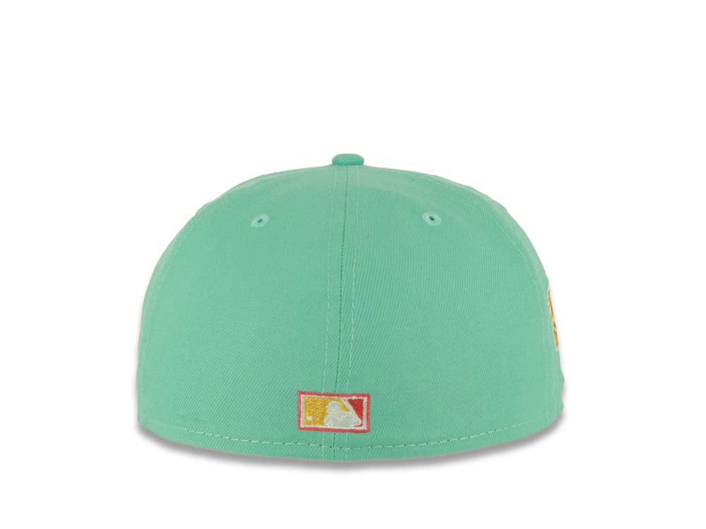 (City Connect Colors) San Diego Padres New Era MLB 59FIFTY 5950 Fitted Cap Hat Light Teal Crown/Visor Magenta/Yellow Script Logo Stadium Side Patch