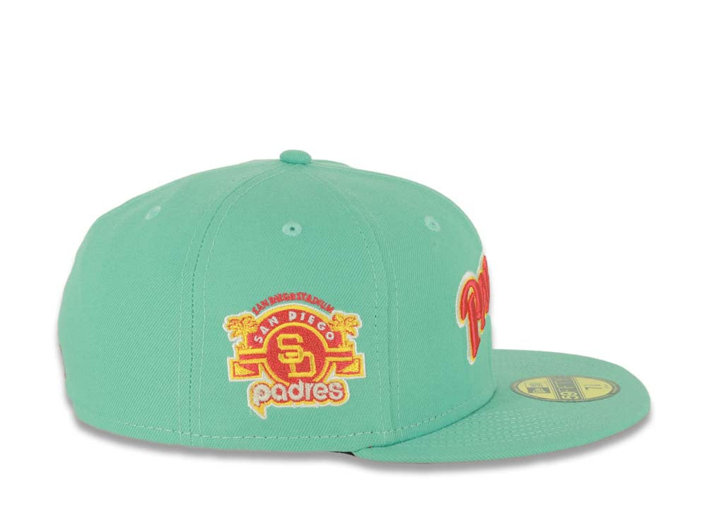 (City Connect Colors) San Diego Padres New Era MLB 59FIFTY 5950 Fitted Cap Hat Light Teal Crown/Visor Magenta/Yellow Script Logo Stadium Side Patch
