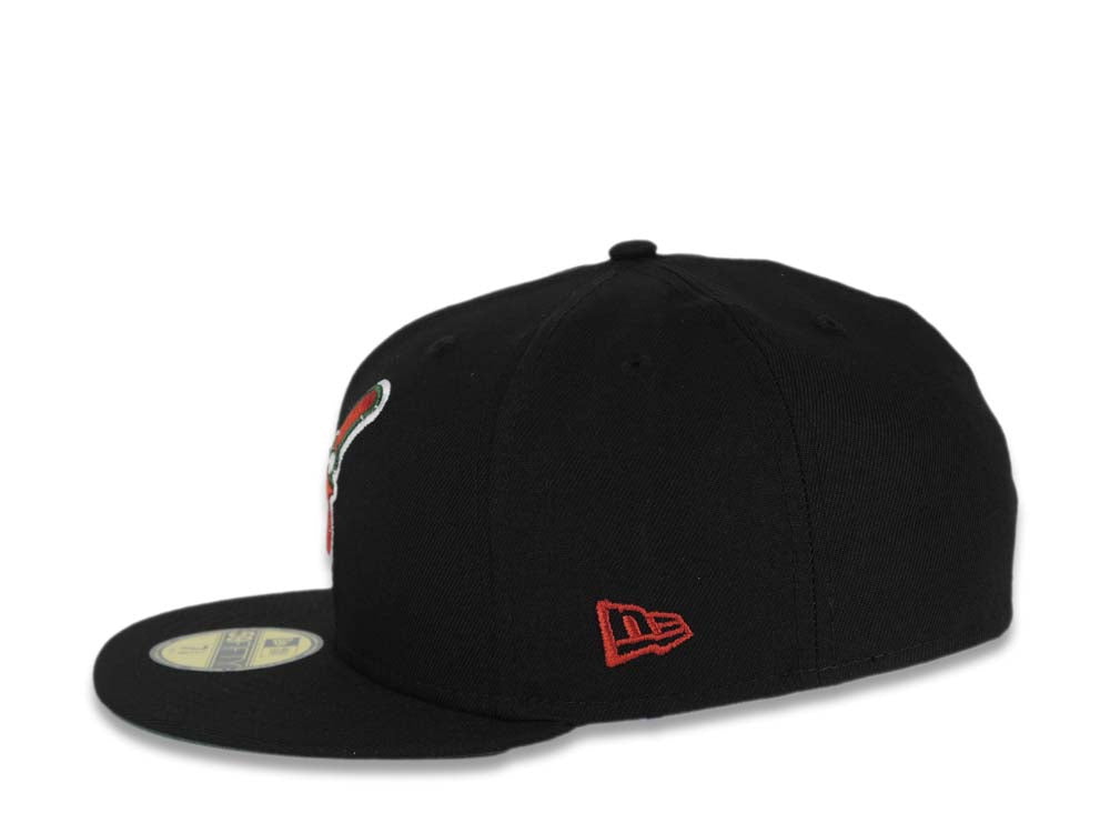 San Diego Padres New Era MLB 59FIFTY 5950 Fitted Cap Hat Black Crown/Visor Red/Green Swinging Friar Logo 40th Anniversary Side Patch Green UV