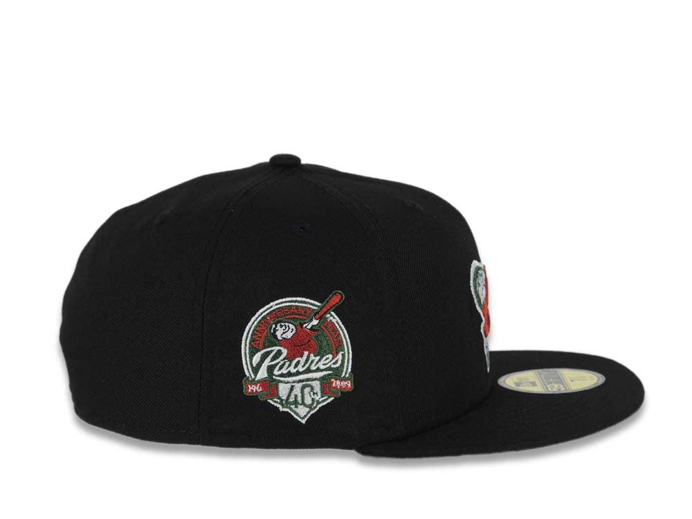 San Diego Padres New Era MLB 59FIFTY 5950 Fitted Cap Hat Black Crown/Visor Red/Green Swinging Friar Logo 40th Anniversary Side Patch Green UV