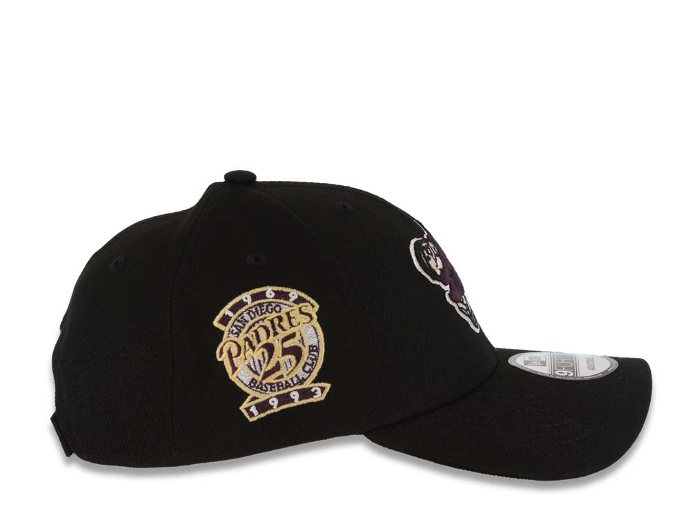 San Diego Padres New Era MLB 9FORTY 940 Adjustable Cap Hat Black Crown/Visor Maroon/Gold Swinging Friar Logo 25th Anniversary Side Patch Gray UV