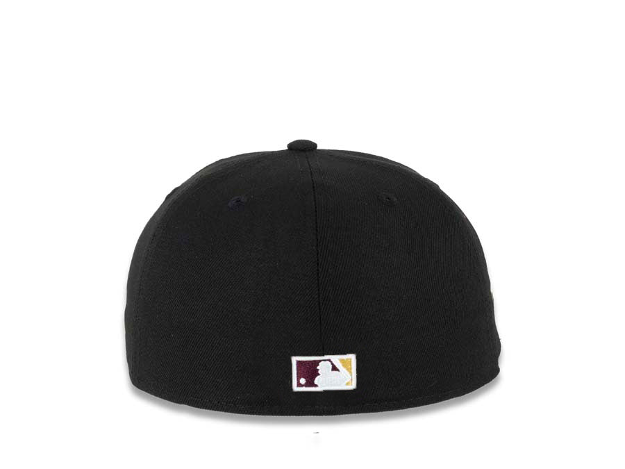 (Youth) San Diego Padres New Era MLB 59FIFTY 5950 Kid Fitted Cap Hat Black Crown/Visor Maroon/Metallic Gold Swinging Friar Logo 25th Anniversary Patch