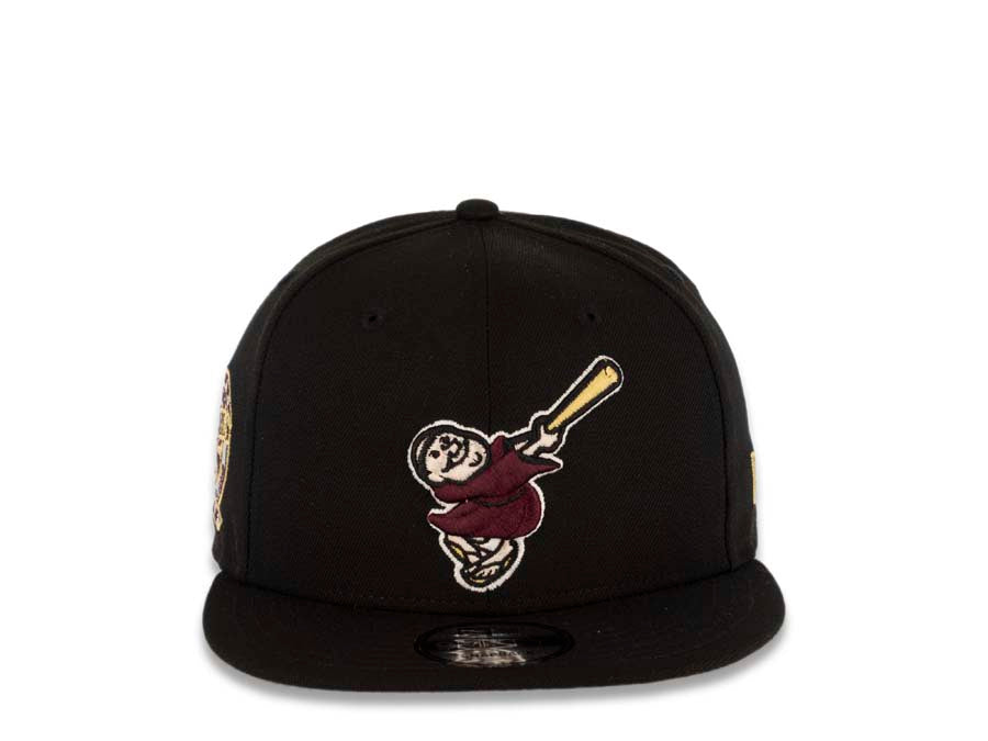 (Youth) San Diego Padres New Era MLB 9FIFTY 950 Snapback Cap Hat Black Crown/Visor Maroon/MetallicGold Swinging Friar Logo 25th Anniversary Side Patch