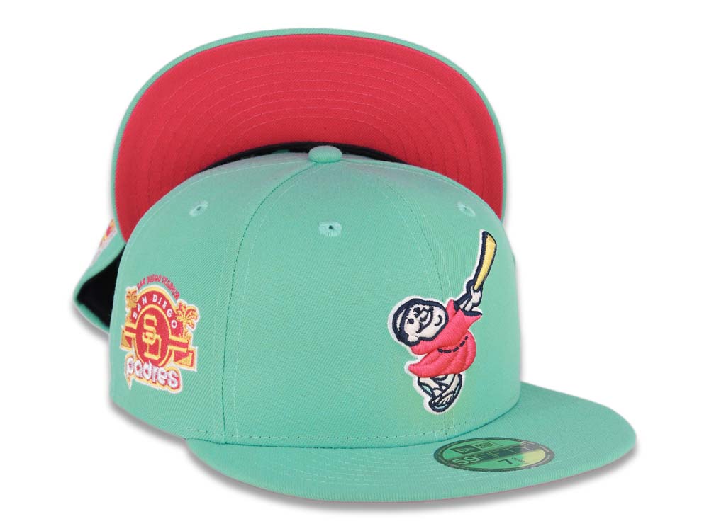 (Youth) San Diego Padres New Era MLB 59FIFTY 5950 Kid Fitted Cap Hat Light Teal Crown/Visor Magenta/Yellow Swinging Friar Logo Stadium Side Patch