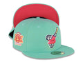 (Youth) San Diego Padres New Era MLB 59FIFTY 5950 Kid Fitted Cap Hat Light Teal Crown/Visor Magenta/Yellow Swinging Friar Logo Stadium Side Patch
