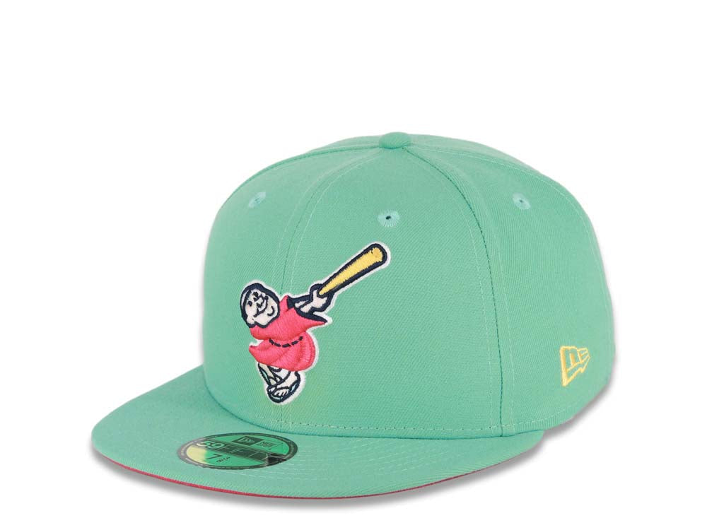 (Youth) San Diego Padres New Era MLB 59FIFTY 5950 Kid Fitted Cap Hat Light Teal Crown/Visor Magenta/Yellow Swinging Friar Logo Stadium Side Patch