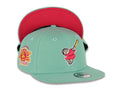 (Youth) San Diego Padres New Era MLB 9FIFTY 950 Kid Snapback Cap Hat Light Teal Crown/Visor Magenta/Yellow Swinging Friar Logo Stadium Side Patch