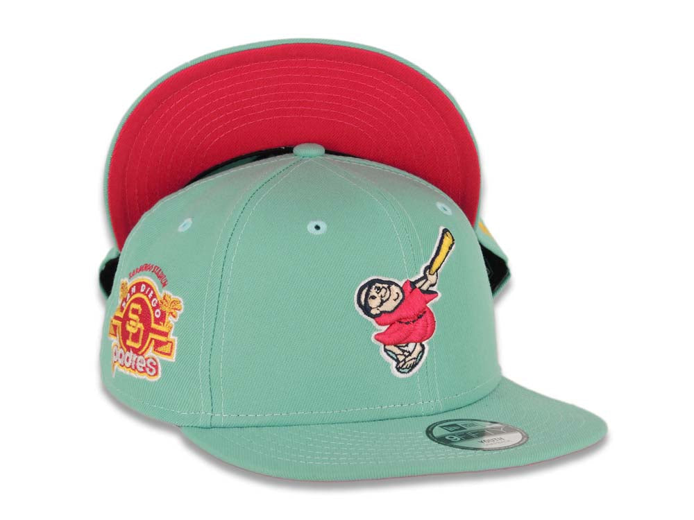 (Youth) San Diego Padres New Era MLB 9FIFTY 950 Kid Snapback Cap Hat Light Teal Crown/Visor Magenta/Yellow Swinging Friar Logo Stadium Side Patch