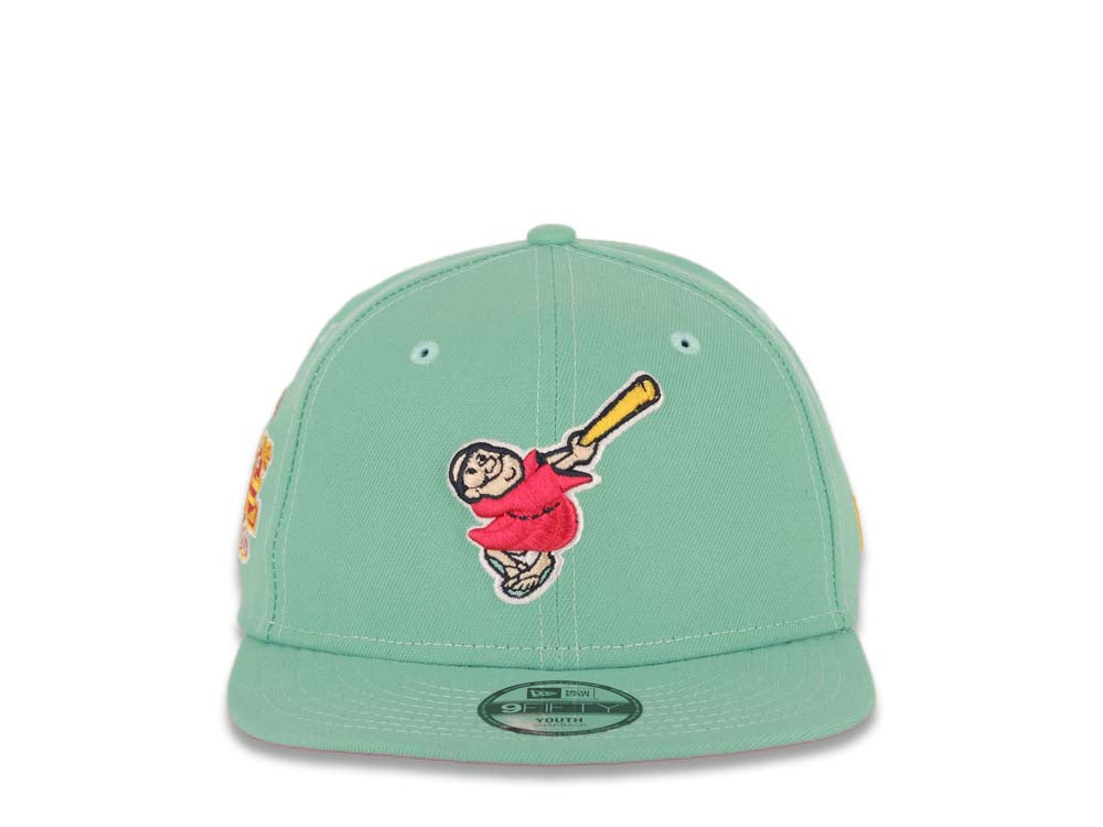(Youth) San Diego Padres New Era MLB 9FIFTY 950 Kid Snapback Cap Hat Light Teal Crown/Visor Magenta/Yellow Swinging Friar Logo Stadium Side Patch