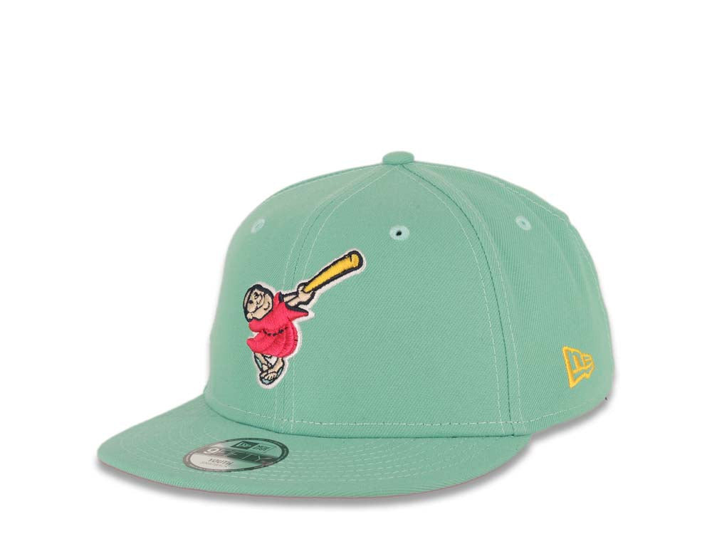 (Youth) San Diego Padres New Era MLB 9FIFTY 950 Kid Snapback Cap Hat Light Teal Crown/Visor Magenta/Yellow Swinging Friar Logo Stadium Side Patch