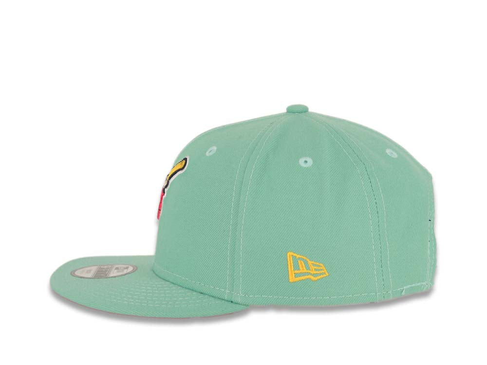 (Youth) San Diego Padres New Era MLB 9FIFTY 950 Kid Snapback Cap Hat Light Teal Crown/Visor Magenta/Yellow Swinging Friar Logo Stadium Side Patch