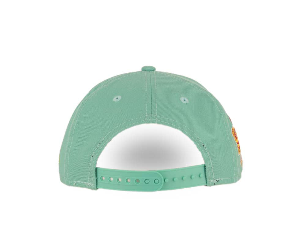 (Youth) San Diego Padres New Era MLB 9FIFTY 950 Kid Snapback Cap Hat Light Teal Crown/Visor Magenta/Yellow Swinging Friar Logo Stadium Side Patch