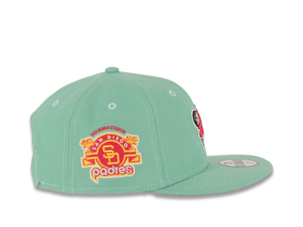 (Youth) San Diego Padres New Era MLB 9FIFTY 950 Kid Snapback Cap Hat Light Teal Crown/Visor Magenta/Yellow Swinging Friar Logo Stadium Side Patch