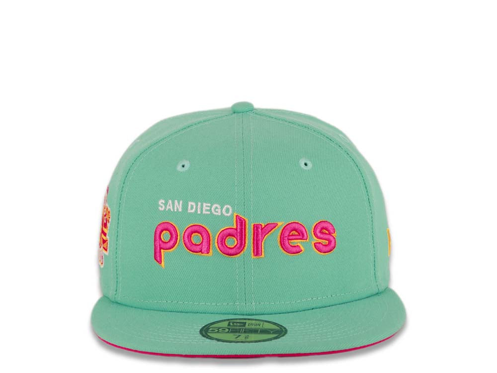 (City Connect Colors) San Diego Padres New Era MLB 59FIFTY 5950 Fitted Cap Hat Teal Crown/Visor Magenta/Yellow/White Script Logo Stadium Side Patch Magenta UV