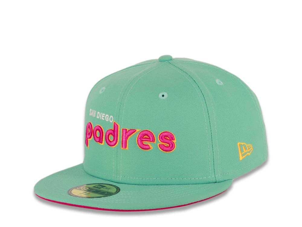 (City Connect Colors) San Diego Padres New Era MLB 59FIFTY 5950 Fitted Cap Hat Teal Crown/Visor Magenta/Yellow/White Script Logo Stadium Side Patch Magenta UV