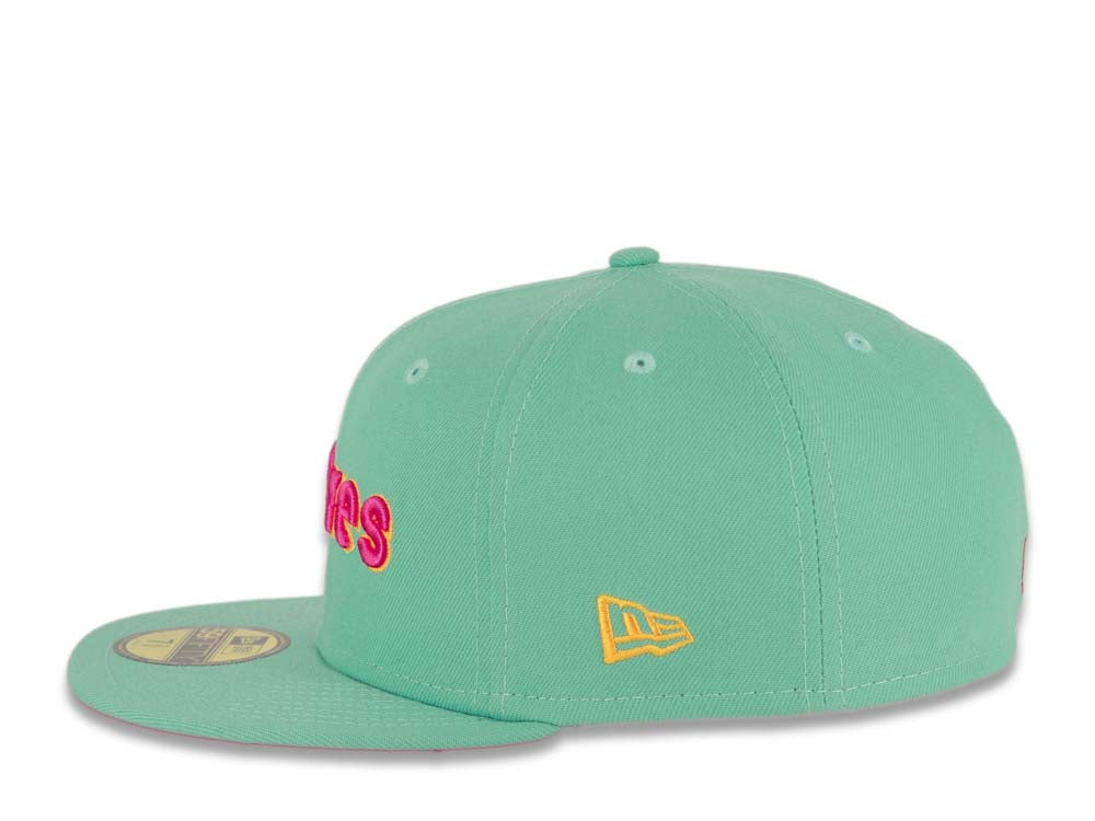 (City Connect Colors) San Diego Padres New Era MLB 59FIFTY 5950 Fitted Cap Hat Teal Crown/Visor Magenta/Yellow/White Script Logo Stadium Side Patch Magenta UV