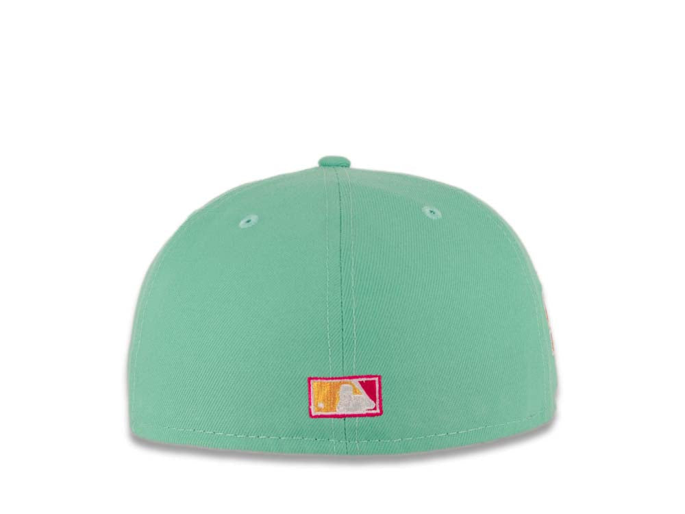 (City Connect Colors) San Diego Padres New Era MLB 59FIFTY 5950 Fitted Cap Hat Teal Crown/Visor Magenta/Yellow/White Script Logo Stadium Side Patch Magenta UV