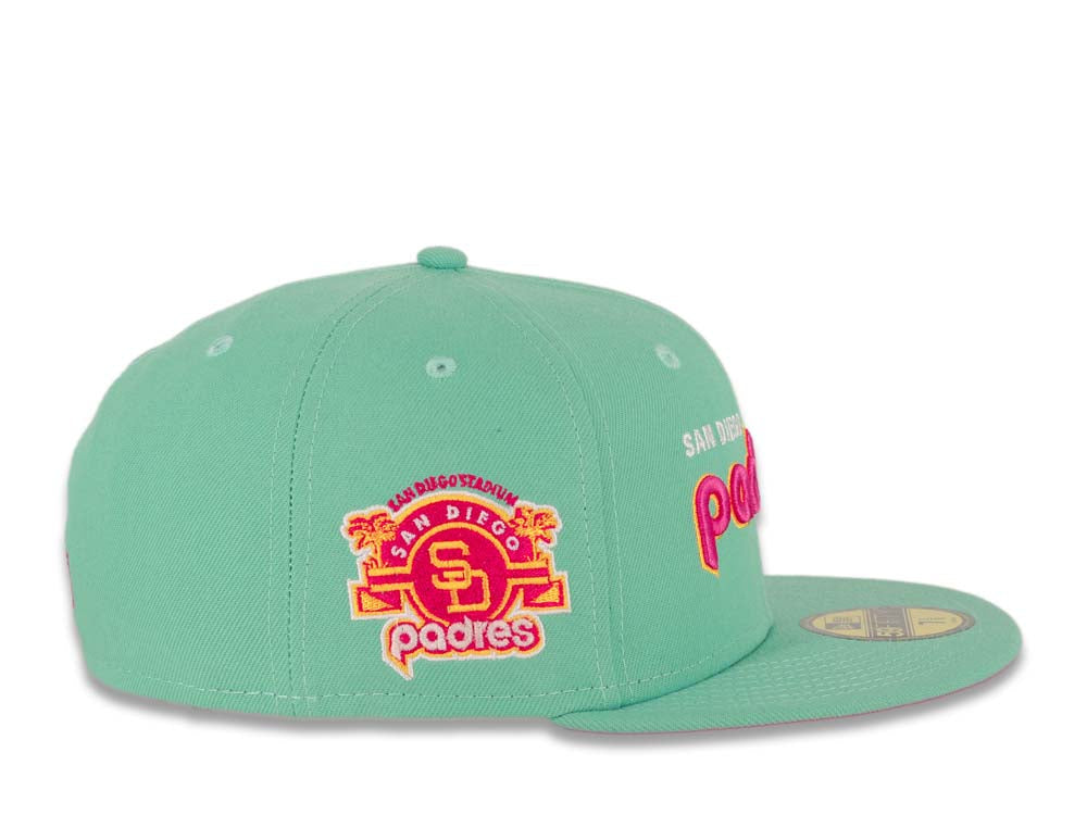 (City Connect Colors) San Diego Padres New Era MLB 59FIFTY 5950 Fitted Cap Hat Teal Crown/Visor Magenta/Yellow/White Script Logo Stadium Side Patch Magenta UV