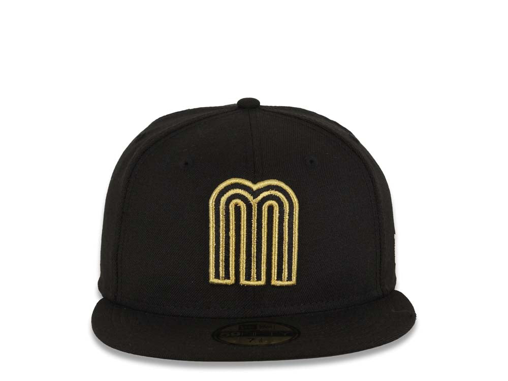 Mexico New Era 59FIFTY 5950 Fitted Cap Hat Black Crown/Visor Black/Metallic Gold Logo