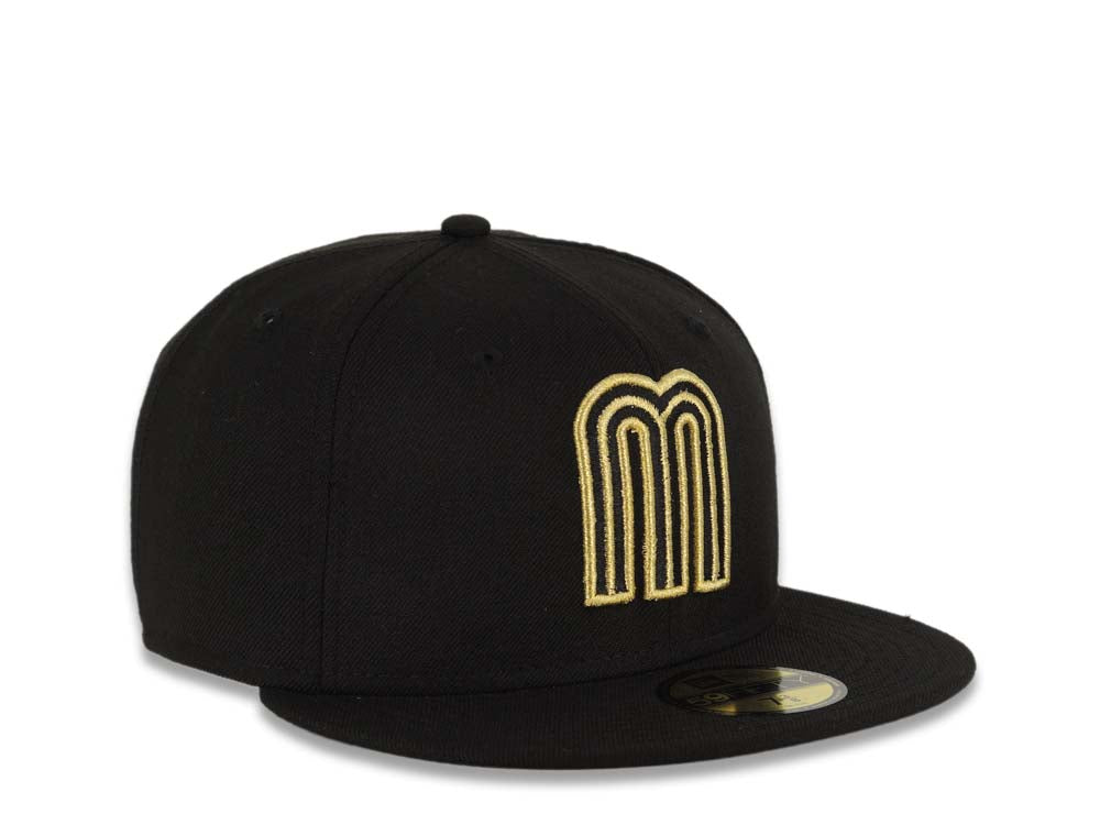 Mexico New Era 59FIFTY 5950 Fitted Cap Hat Black Crown/Visor Black/Metallic Gold Logo