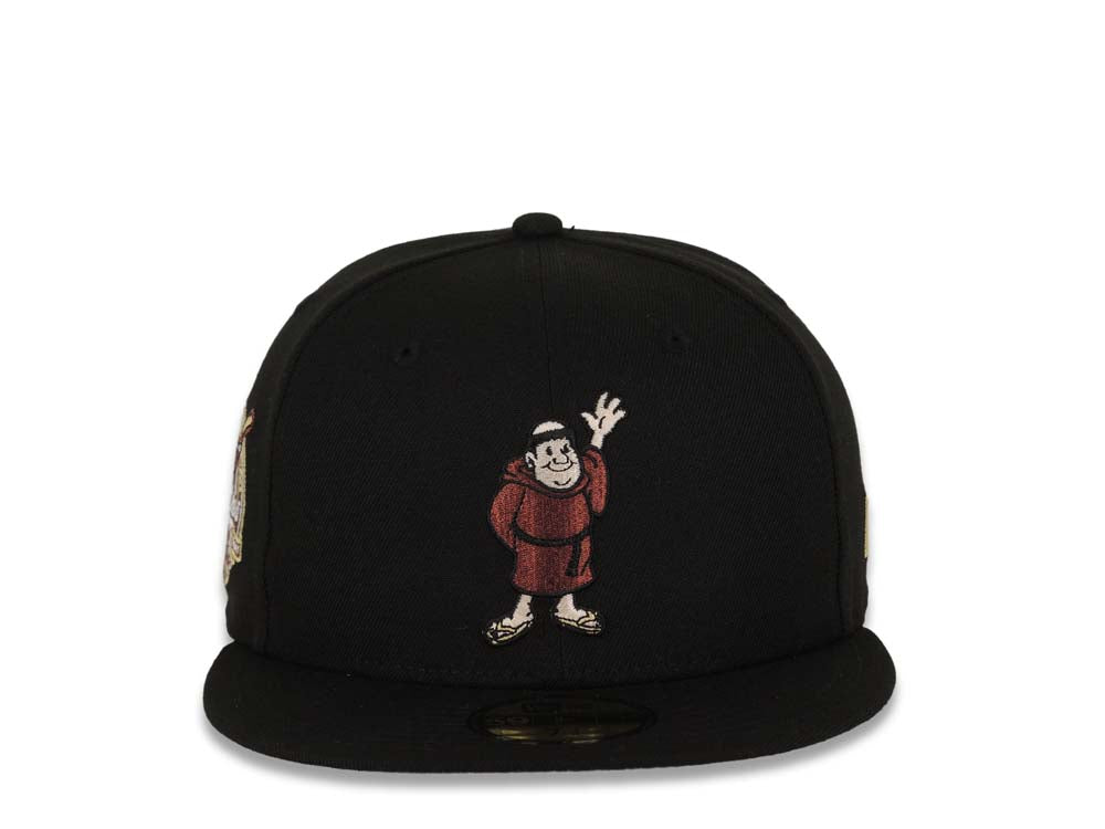 San Diego Padres New Era MLB 59FIFTY 5950 Fitted Cap Hat Black Crown/Visor Maroon/Gold/Black Waving Friar Logo 40th Anniversary Side Patch Gray UV