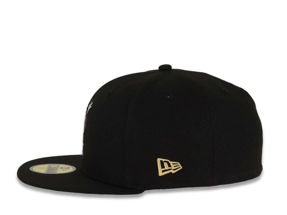 San Diego Padres New Era MLB 59FIFTY 5950 Fitted Cap Hat Black Crown/Visor Maroon/Gold/Black Waving Friar Logo 40th Anniversary Side Patch Gray UV