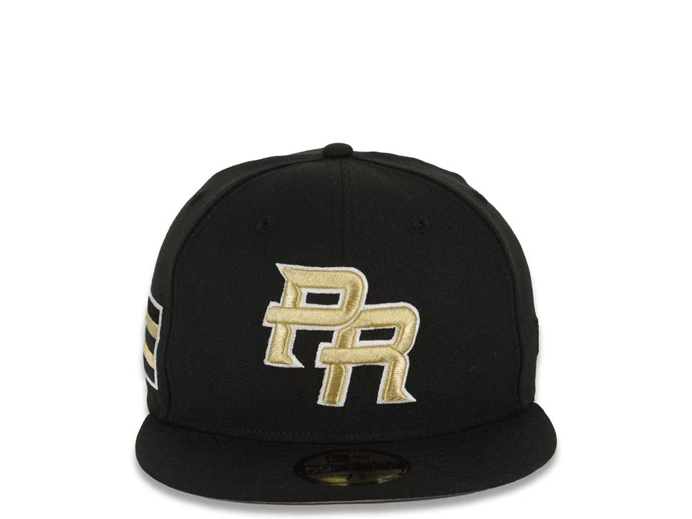 Puerto Rico New Era World Baseball Classic WBC 59FIFTY 5950 Fitted Cap Hat Black Crown/Visor Metallic Gold/White Logo Gray UV