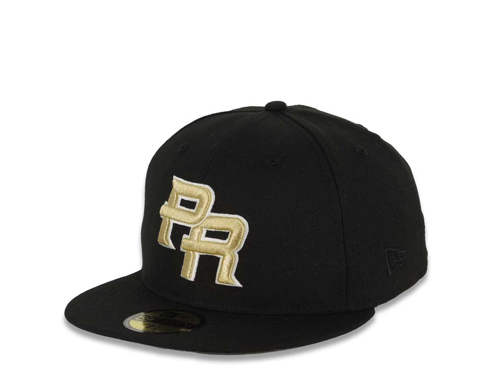Puerto Rico New Era World Baseball Classic WBC 59FIFTY 5950 Fitted Cap Hat Black Crown/Visor Metallic Gold/White Logo Gray UV