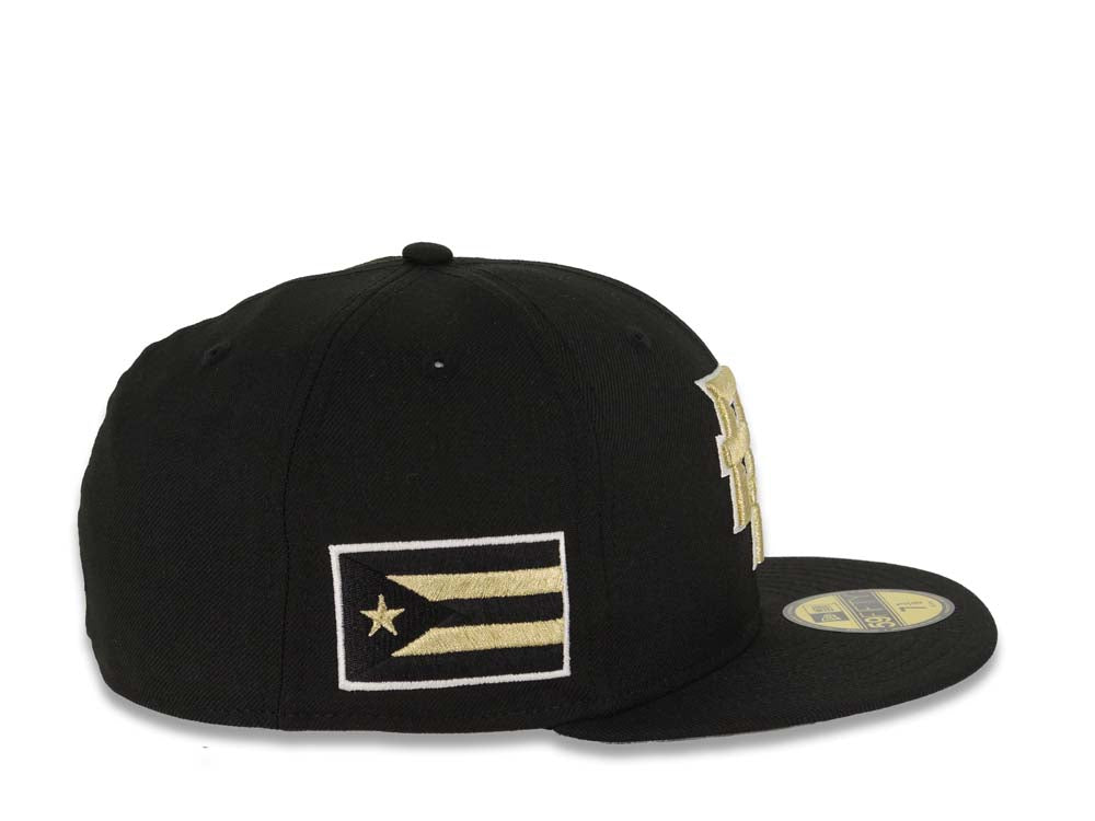Puerto Rico New Era World Baseball Classic WBC 59FIFTY 5950 Fitted Cap Hat Black Crown/Visor Metallic Gold/White Logo Gray UV
