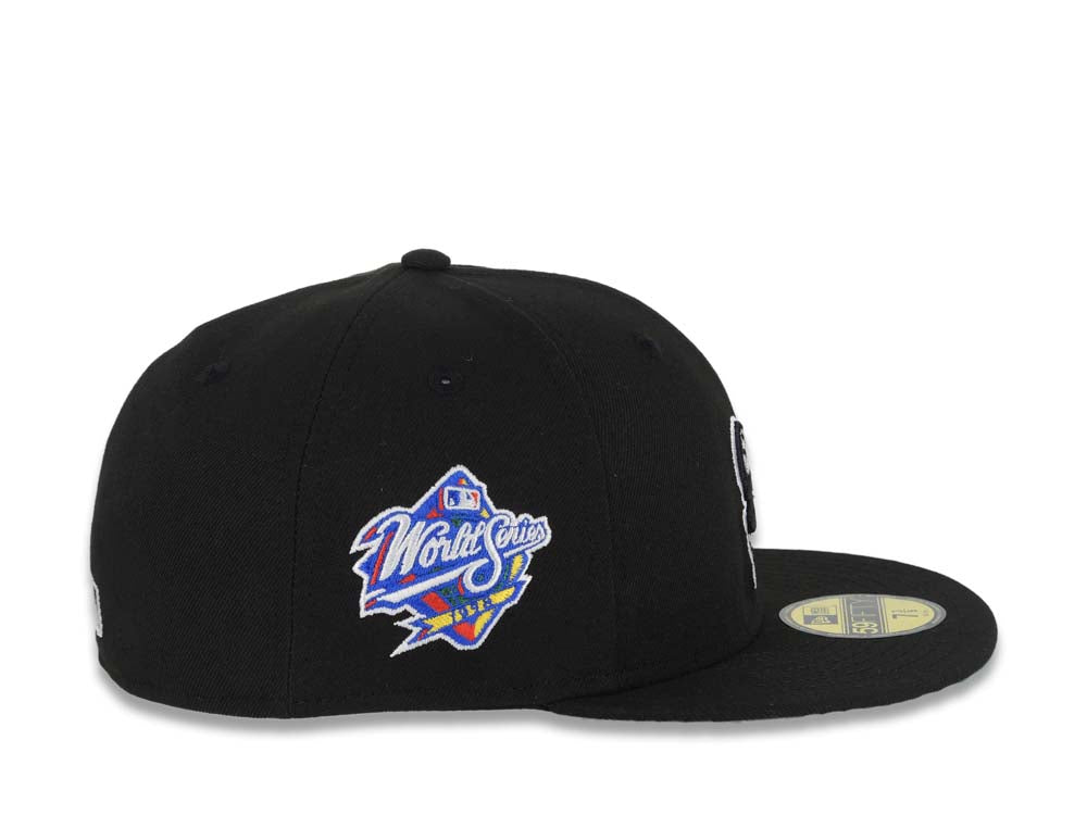 San Diego Padres New Era MLB 59FIFTY 5950 Fitted Cap Hat Black Crown/Visor Black/White Swinging Friar Logo 1998 World Series Side Patch Green UV