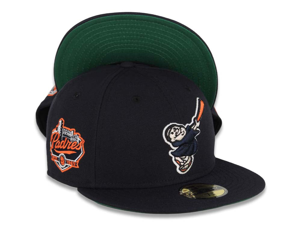 San Diego Padres New Era MLB 59FIFTY 5950 Fitted Cap Hat Navy Blue Crown/Visor Navy/Orange Swinging Friar Logo Established 1969 Side Patch Green UV