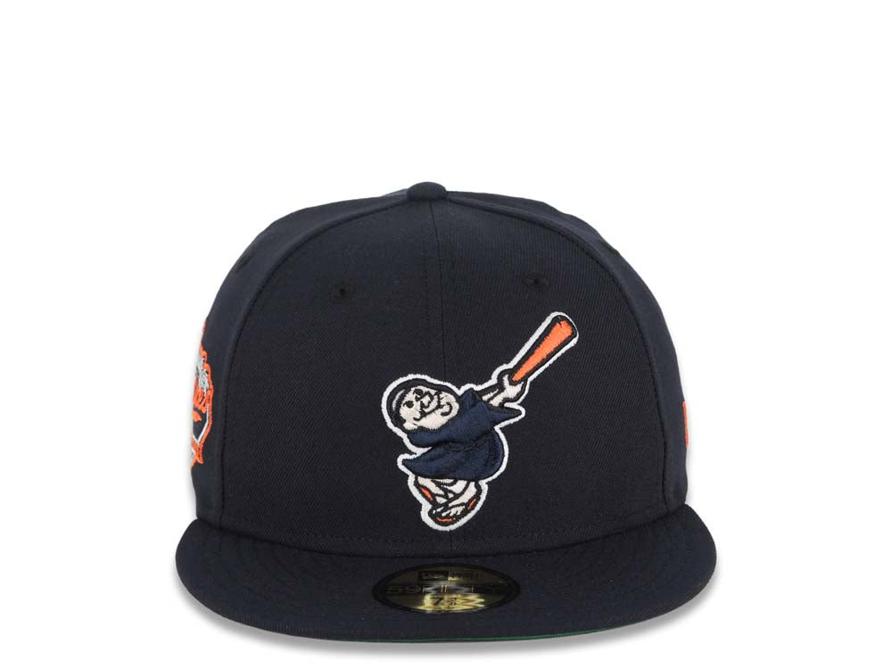 San Diego Padres New Era MLB 59FIFTY 5950 Fitted Cap Hat Navy Blue Crown/Visor Navy/Orange Swinging Friar Logo Established 1969 Side Patch Green UV
