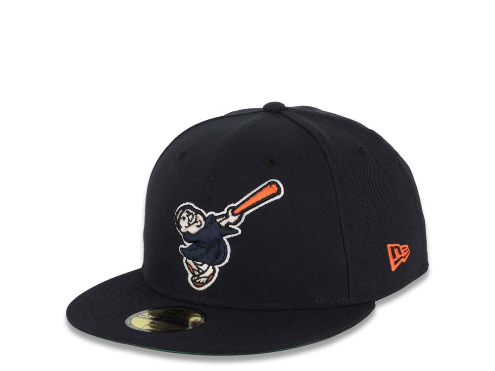 San Diego Padres New Era MLB 59FIFTY 5950 Fitted Cap Hat Navy Blue Crown/Visor Navy/Orange Swinging Friar Logo Established 1969 Side Patch Green UV