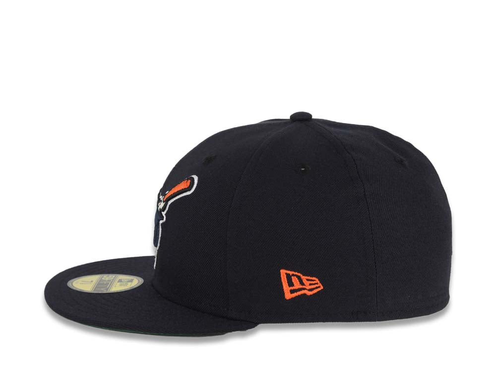 San Diego Padres New Era MLB 59FIFTY 5950 Fitted Cap Hat Navy Blue Crown/Visor Navy/Orange Swinging Friar Logo Established 1969 Side Patch Green UV