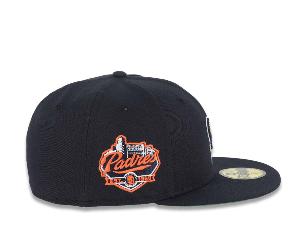 San Diego Padres New Era MLB 59FIFTY 5950 Fitted Cap Hat Navy Blue Crown/Visor Navy/Orange Swinging Friar Logo Established 1969 Side Patch Green UV