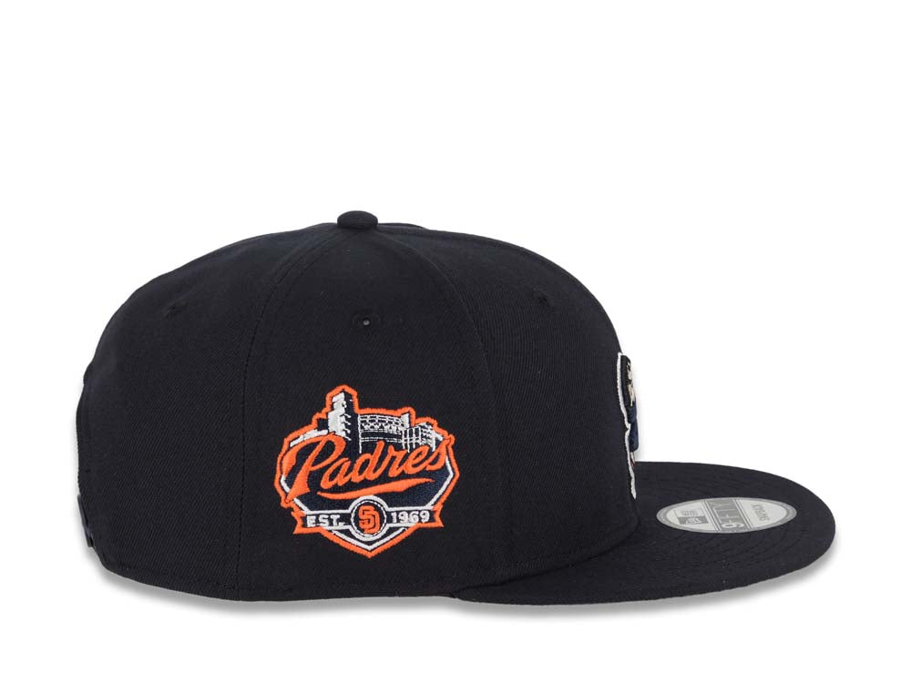 San Diego Padres New Era MLB 9FIFTY 950 Snapback Cap Hat Navy Crown/Visor Navy/Orange/White Swinging Friar Logo Established 1969 Side Patch Green UV