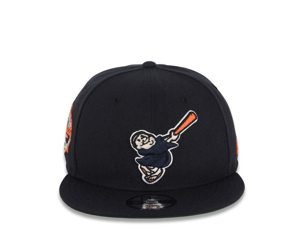 (Youth) San Diego Padres New Era MLB 9FIFTY 950 Snapback Cap Hat Navy Crown/Visor Navy/Orange Swinging Friar Logo Established 1969 Side Patch Green UV