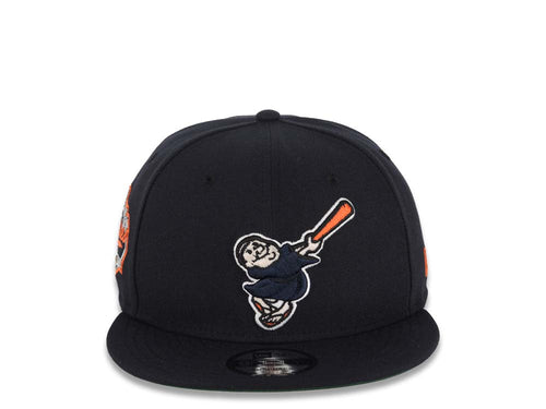(Youth) San Diego Padres New Era MLB 9FIFTY 950 Snapback Cap Hat Navy Crown/Visor Navy/Orange Swinging Friar Logo Established 1969 Side Patch Green UV