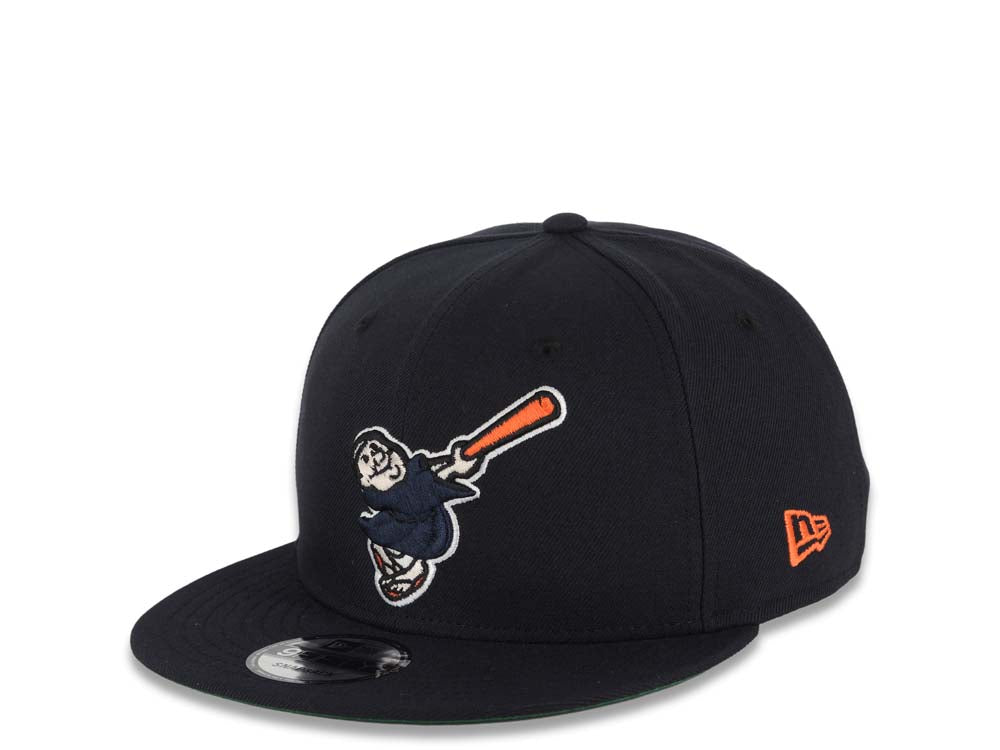 (Youth) San Diego Padres New Era MLB 9FIFTY 950 Snapback Cap Hat Navy Crown/Visor Navy/Orange Swinging Friar Logo Established 1969 Side Patch Green UV