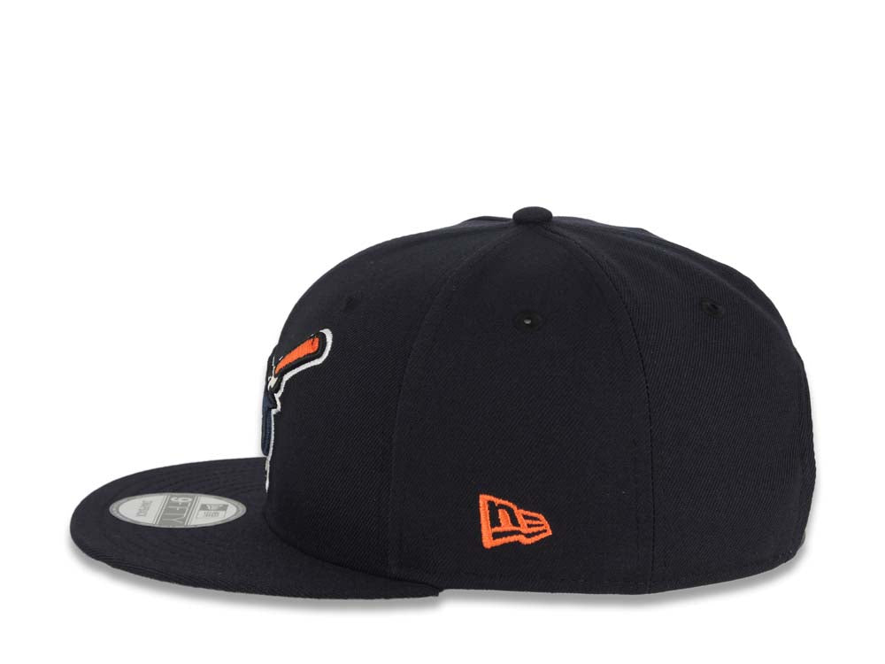 (Youth) San Diego Padres New Era MLB 9FIFTY 950 Snapback Cap Hat Navy Crown/Visor Navy/Orange Swinging Friar Logo Established 1969 Side Patch Green UV