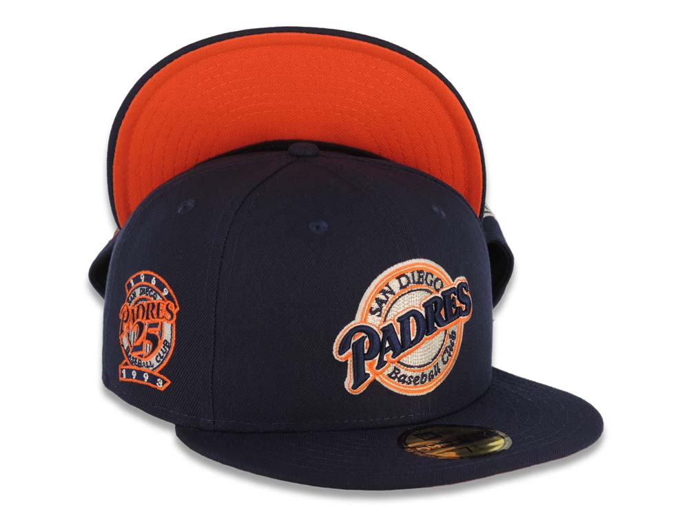 San Diego Padres New Era MLB 59FIFTY 5950 Fitted Cap Hat Light Navy Crown/Visor Light Navy/Orange/White Baseball Club Logo 25th Anniversary Side Patch Orange UV