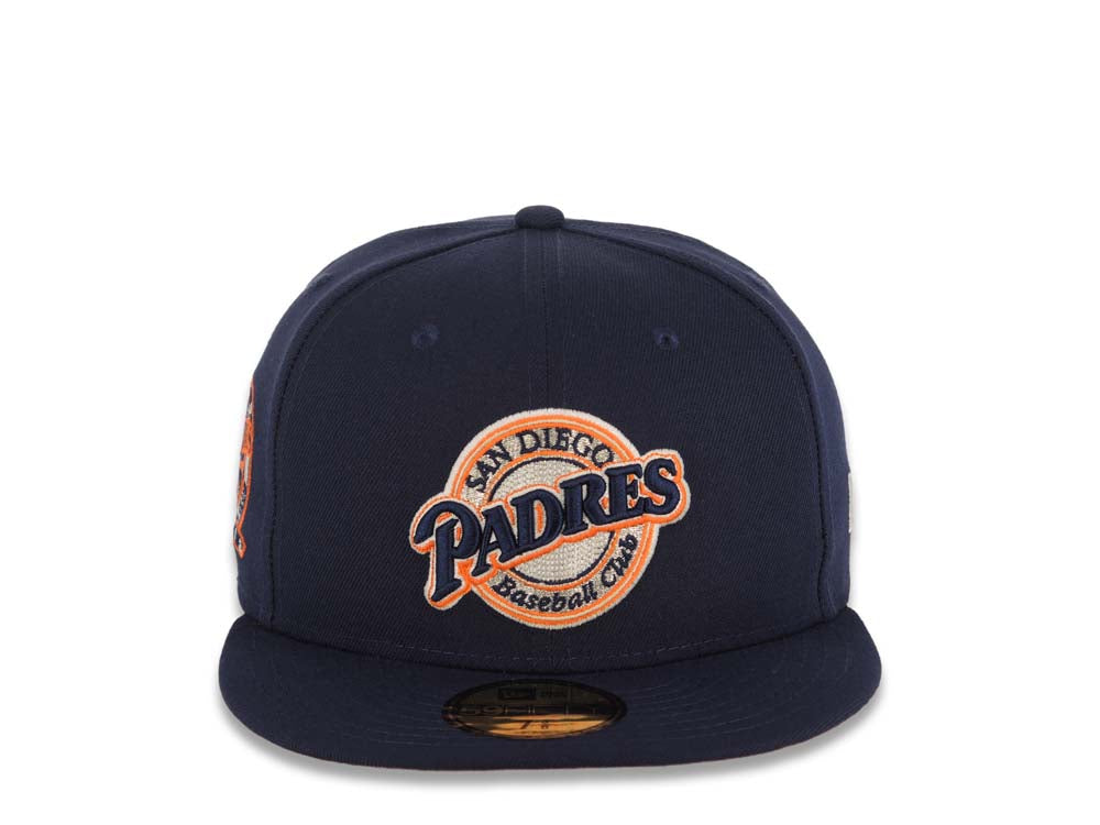 San Diego Padres New Era MLB 59FIFTY 5950 Fitted Cap Hat Light Navy Crown/Visor Light Navy/Orange/White Baseball Club Logo 25th Anniversary Side Patch Orange UV
