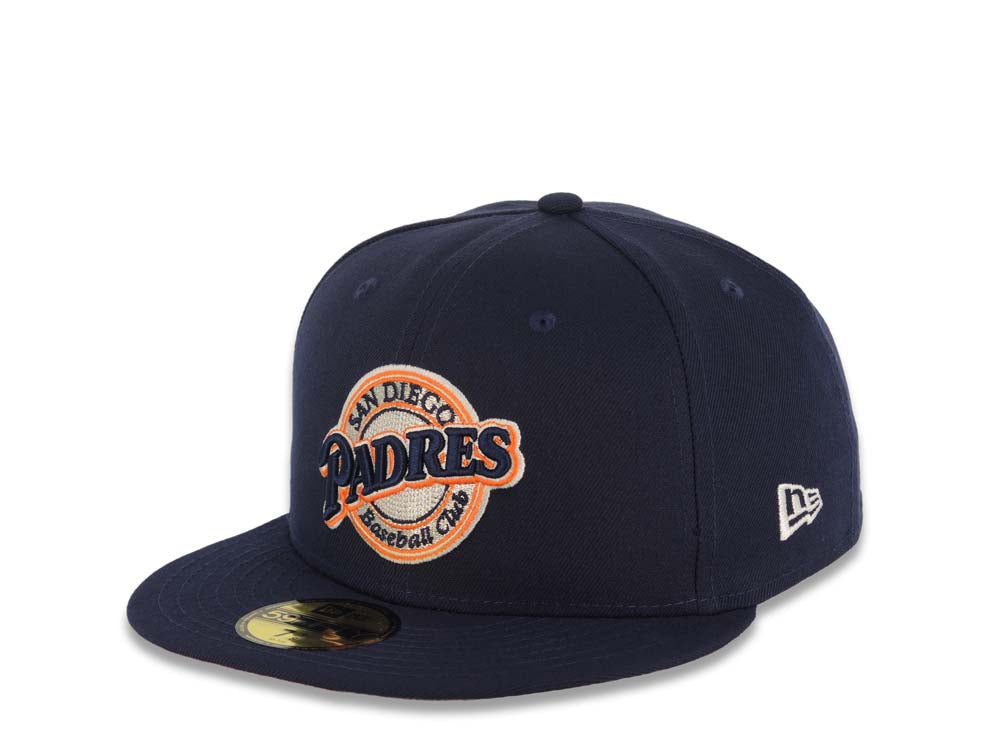 San Diego Padres New Era MLB 59FIFTY 5950 Fitted Cap Hat Light Navy Crown/Visor Light Navy/Orange/White Baseball Club Logo 25th Anniversary Side Patch Orange UV