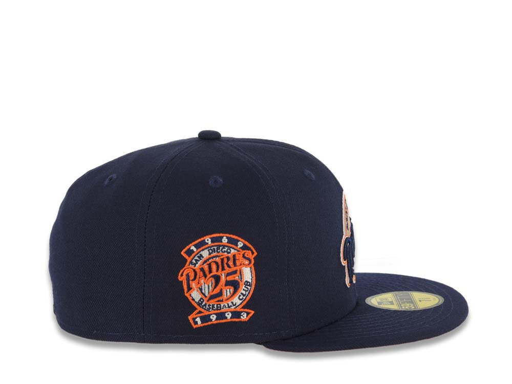 San Diego Padres New Era MLB 59FIFTY 5950 Fitted Cap Hat Light Navy Crown/Visor Light Navy/Orange/White Baseball Club Logo 25th Anniversary Side Patch Orange UV