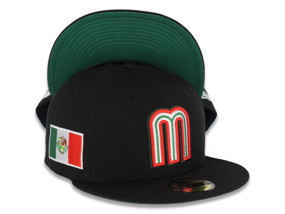 Mexico New Era WBC World Baseball Classic 59FIFTY 5950 Fitted Cap Hat Black Crown/Visor Team Color Logo With Mexico Flag Side Patch